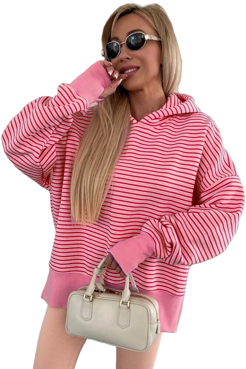 Rose Stripe Thumbhole Side Slits Drop Shoulder Loose Fit Hoodie Shewin