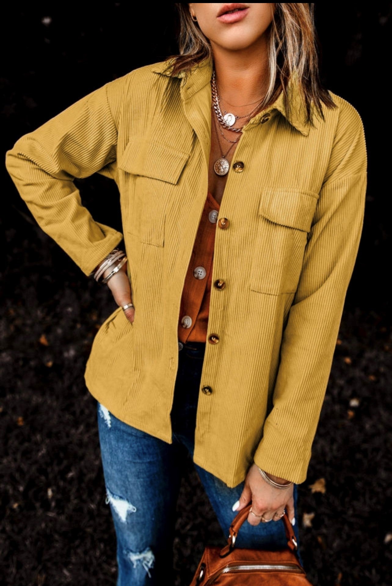 Mustard with Brown Buttons Ribbed Shacket