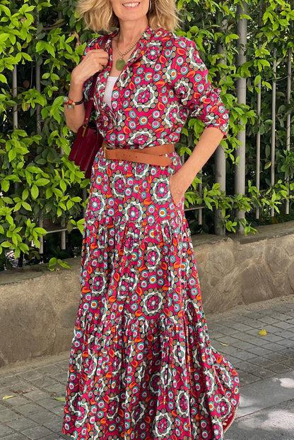 Red Floral  Long Sleeve Maxi Dress