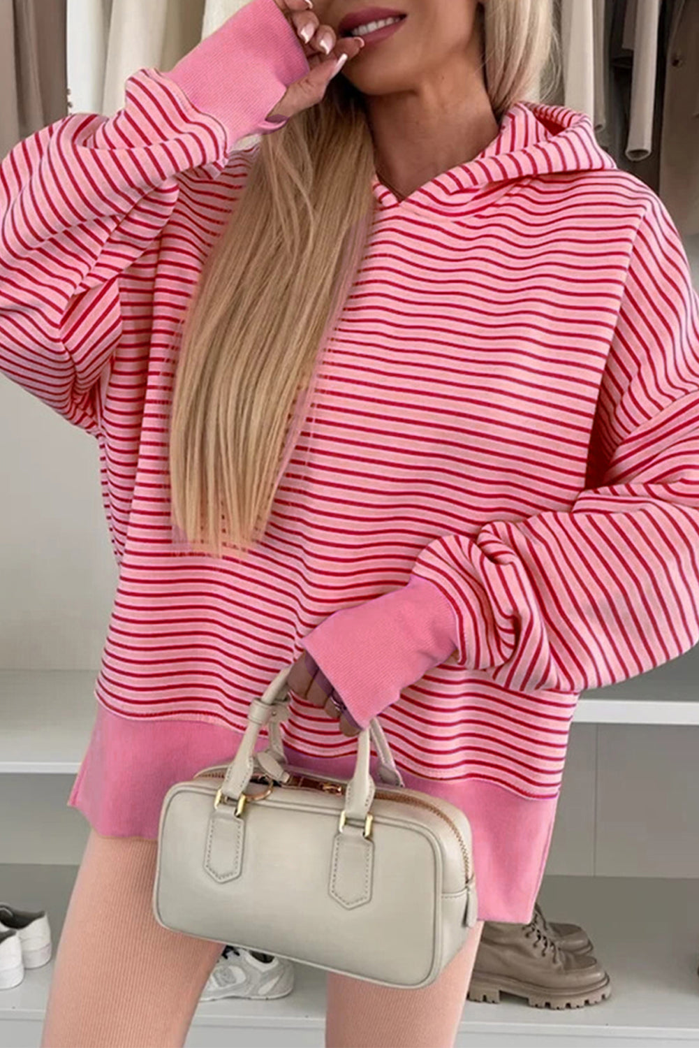 Rose Stripe Thumbhole Side Slits Drop Shoulder Loose Fit Hoodie Shewin