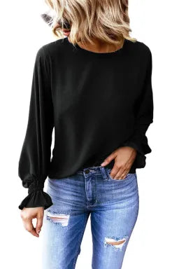 Black Smocked Cuffs Long Sleeve Blouse