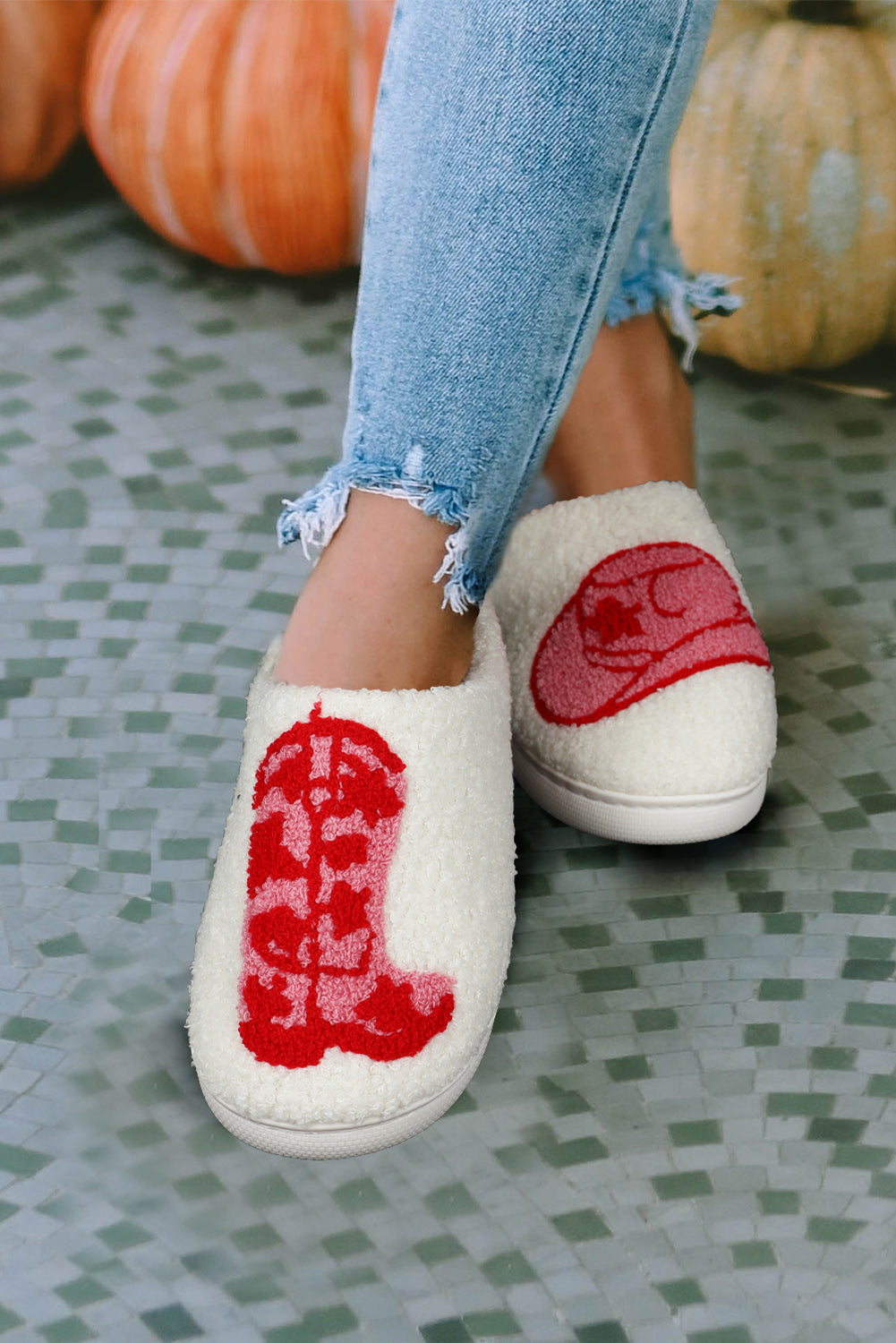 Western Graphic Embroidered Sherpa Home Slippers