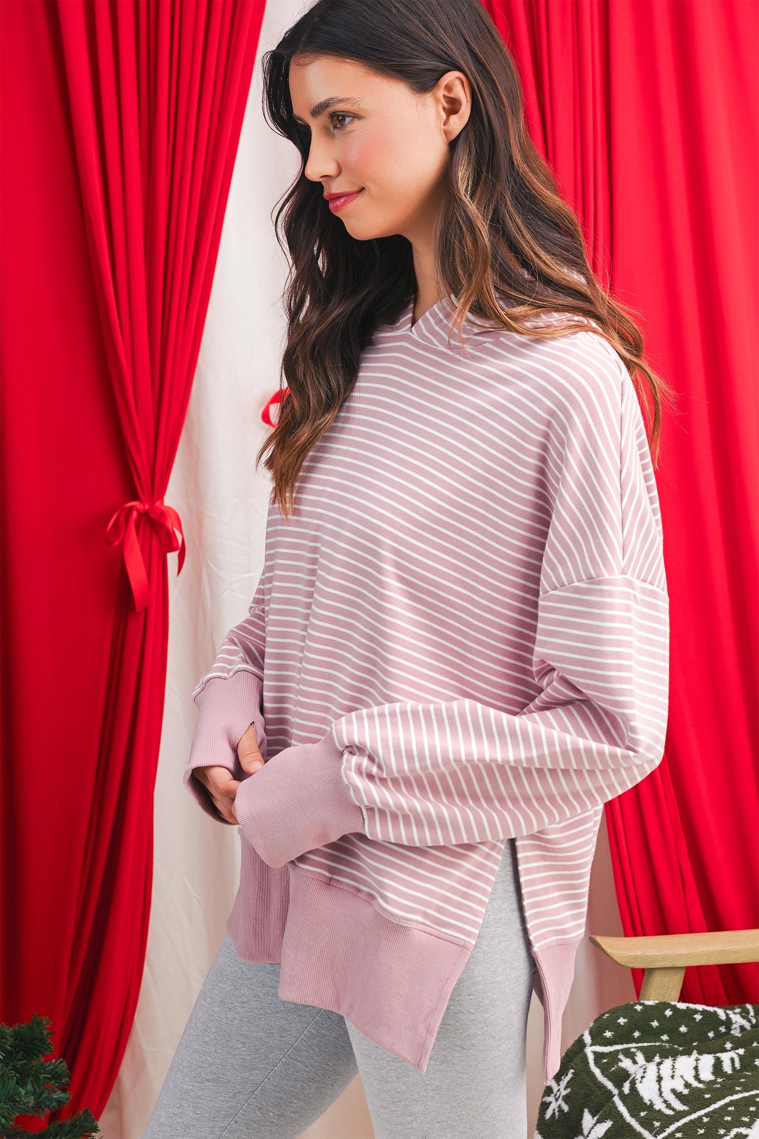 Purple Stripe Thumbhole Side Slits Drop Shoulder Loose Fit Hoodie Shewin