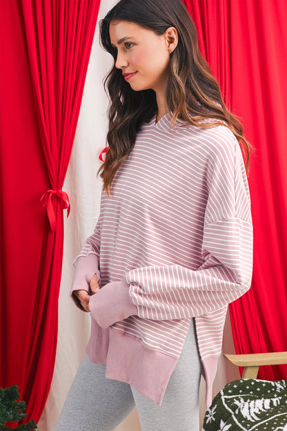 Purple Stripe Thumbhole Side Slits Drop Shoulder Loose Fit Hoodie Shewin