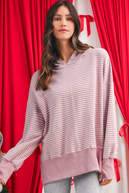 Purple Stripe Thumbhole Side Slits Drop Shoulder Loose Fit Hoodie Shewin