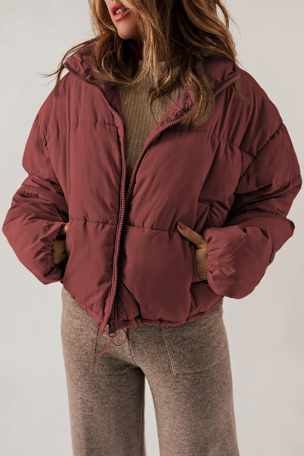 Red Zip Up Drawstring Puffer Coat****