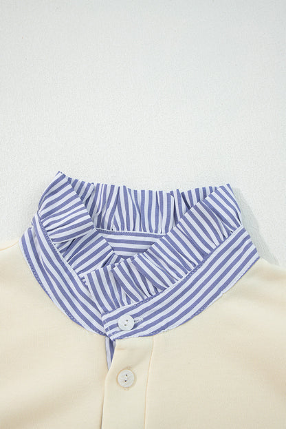 White Striped Ruffle Button Neck Pullover Sweatshirt Shewin