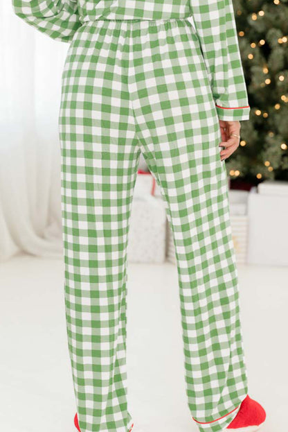 Light Green Plaid Print Shirt and Drawstring Pants Pajama Set