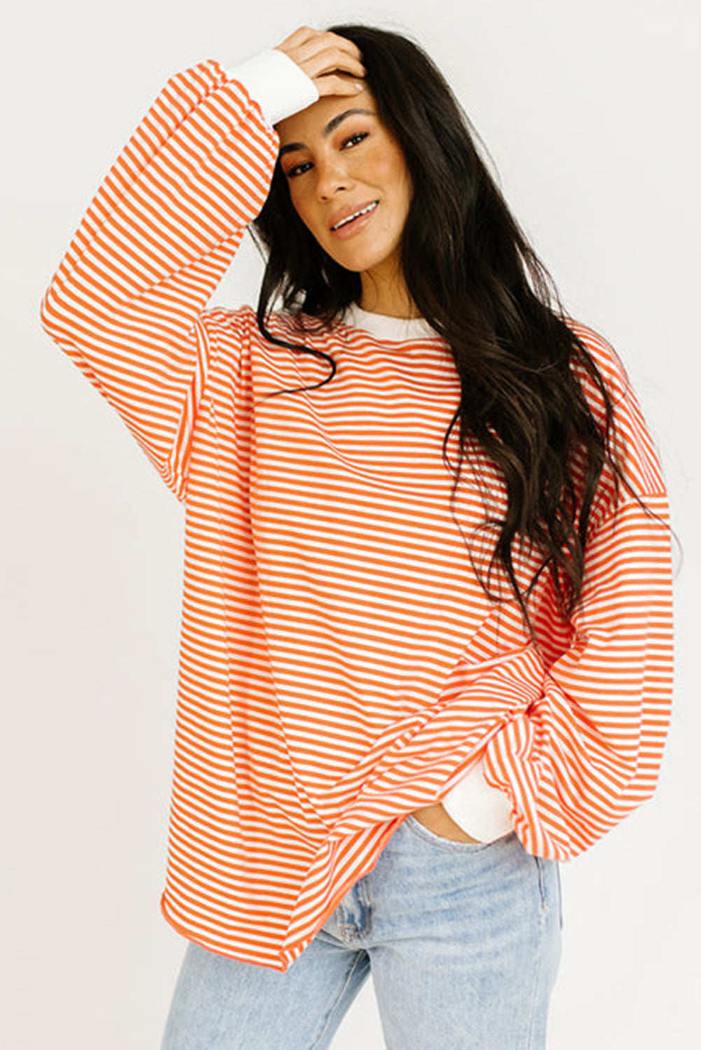 Gameday Orange & White Striped Contrast Trim Drop Sleeve Sweatshirt