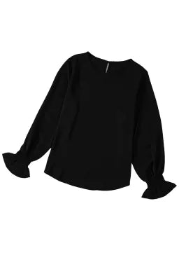 Black Smocked Cuffs Long Sleeve Blouse