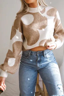 Khaki Floral Pattern Ribbed Pullover Sweater