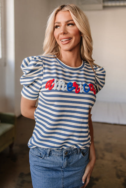 Striped America Cursive Puff Sleeve shirt - Greta Bean & Co.