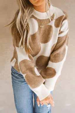 Khaki Floral Pattern Ribbed Pullover Sweater