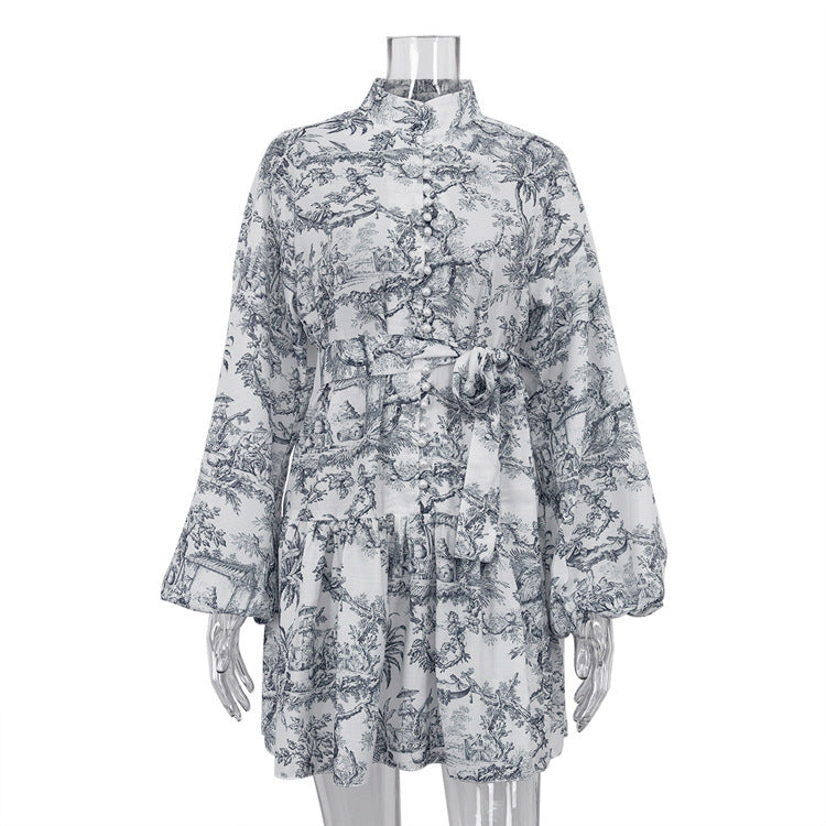 Toile Long Sleeve Dress With Tied Belt