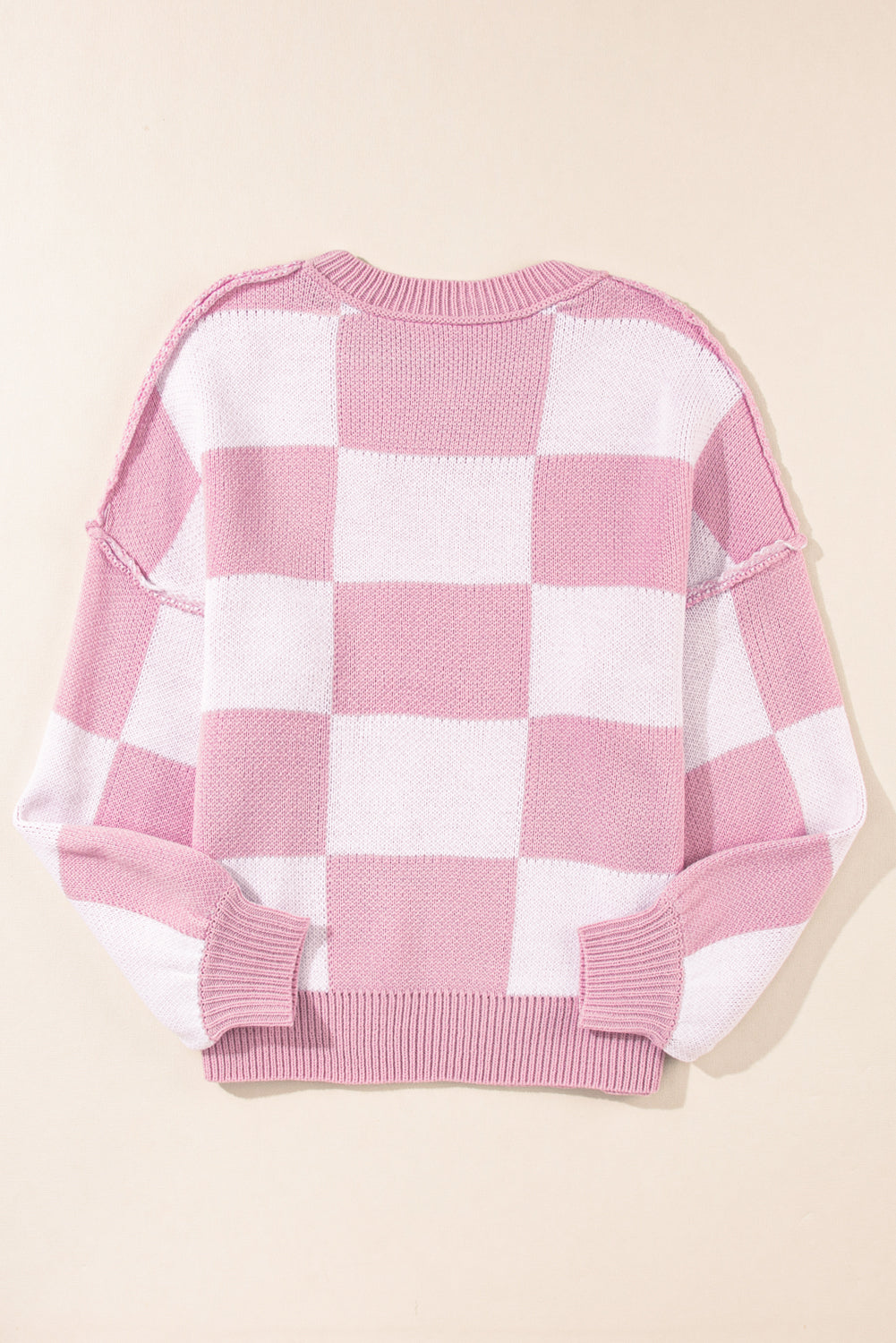 Pink Checked Bishop Sleeve Pullover Sweater