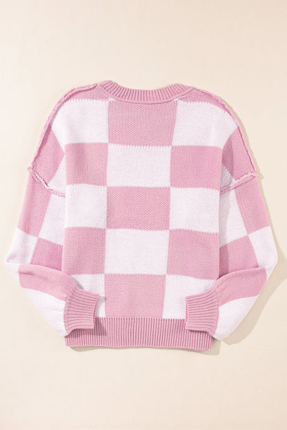 Pink Checked Bishop Sleeve Pullover Sweater