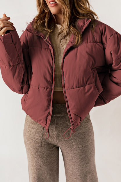 Red Zip Up Drawstring Puffer Coat****