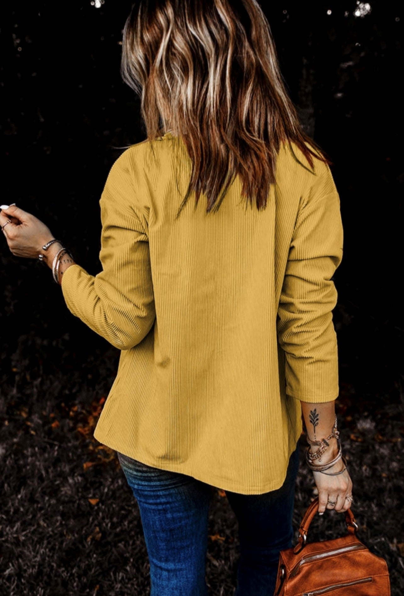 Mustard with Brown Buttons Ribbed Shacket