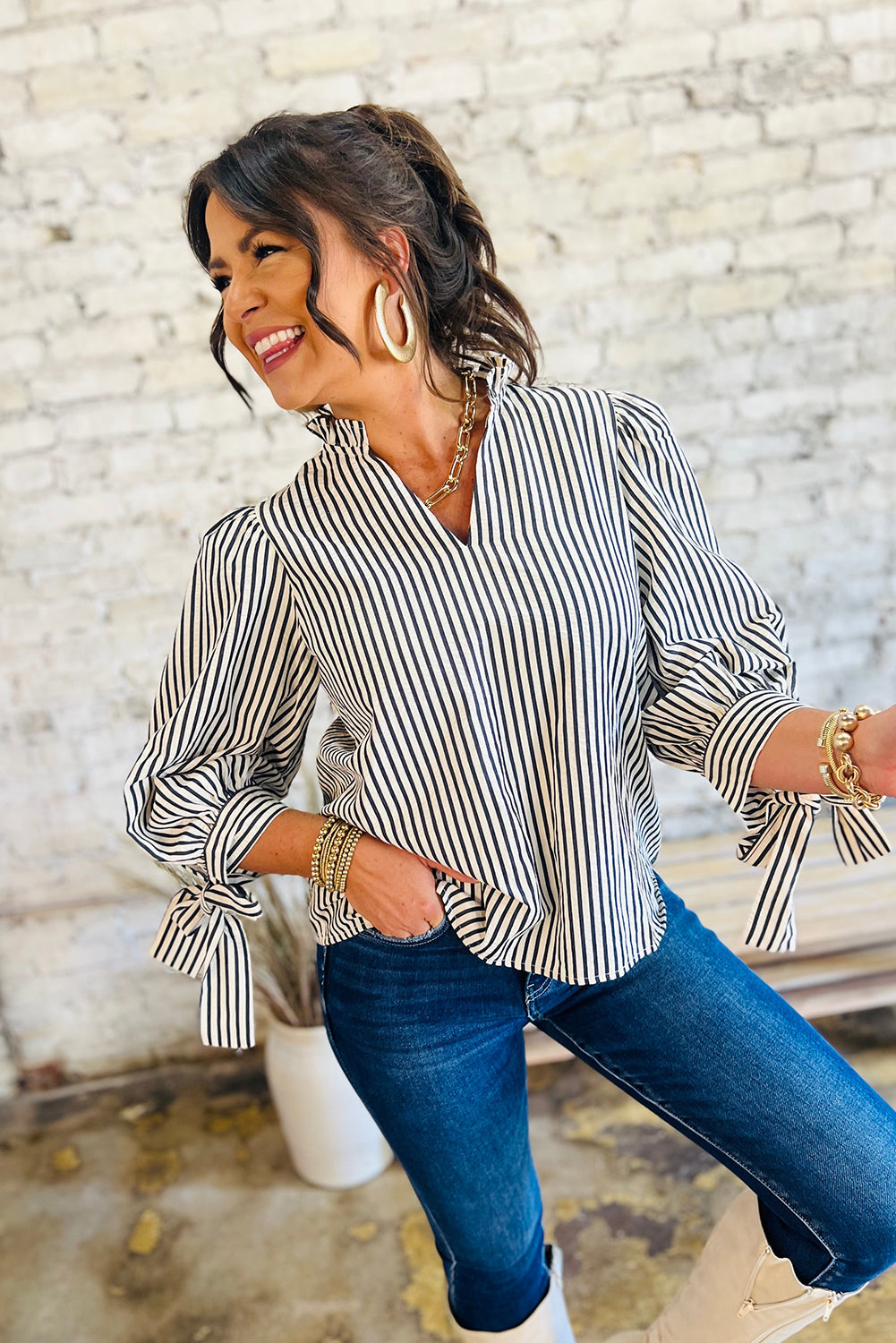 Black Stripe Frill V Neck Knot Cuffs Blouse Shewin
