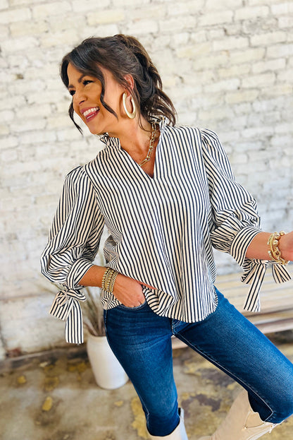 Black Stripe Frill V Neck Knot Cuffs Blouse Shewin