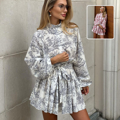 Toile Long Sleeve Dress With Tied Belt