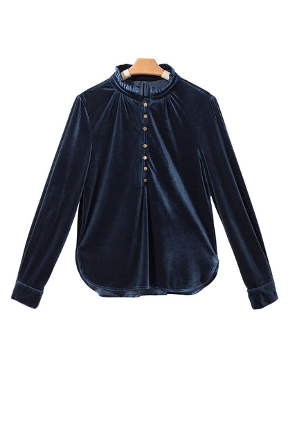 Navy Blue Frilled Buttoned V Neck Velvet Blouse