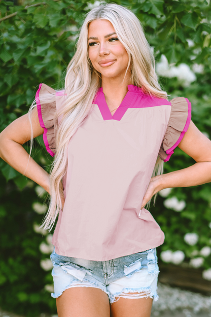 Pink Colorblock Ruffled Sleeve Frill V Neck Blouse