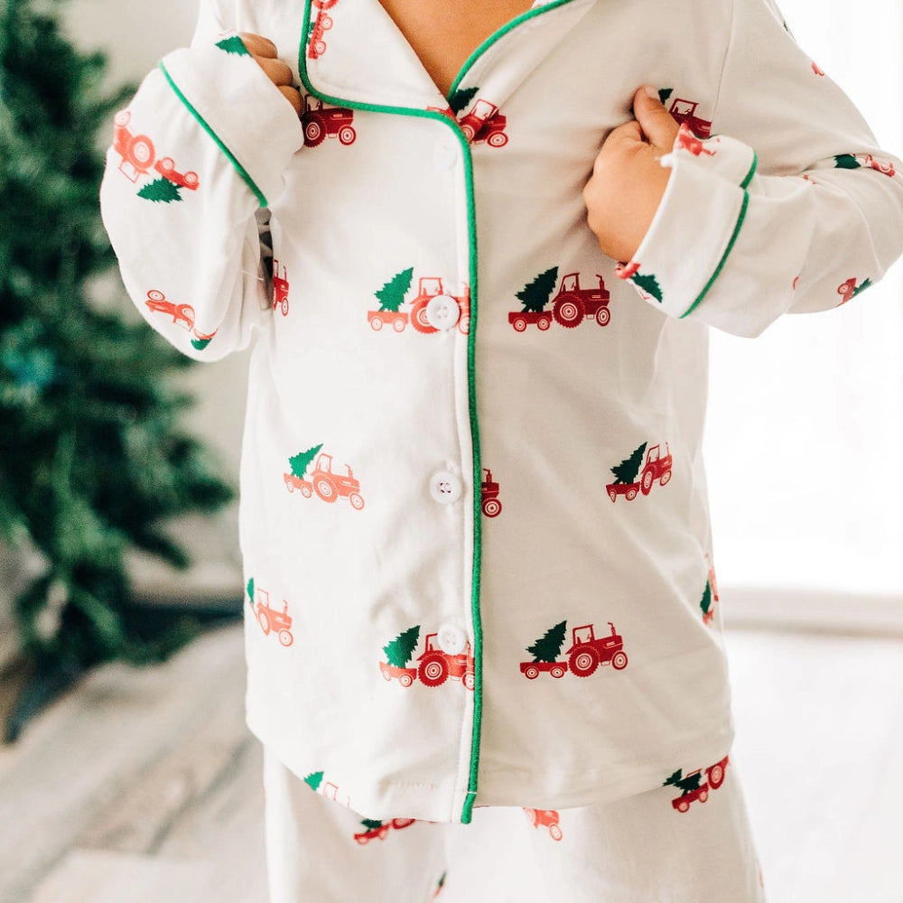 Family Christmas Tractors Button Down PJs