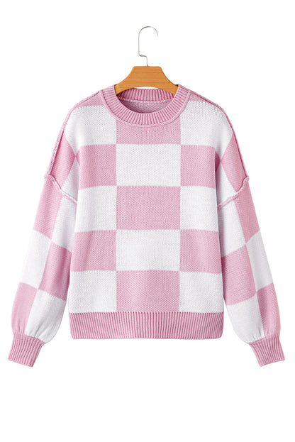 Pink Checked Bishop Sleeve Pullover Sweater