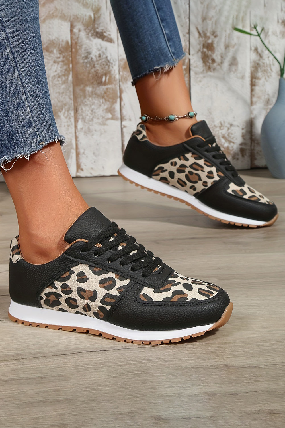 Black Casual Leopard Patchwork Lace up Sneakers