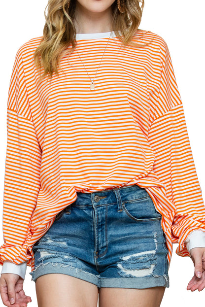 Gameday Orange & White Striped Contrast Trim Drop Sleeve Sweatshirt