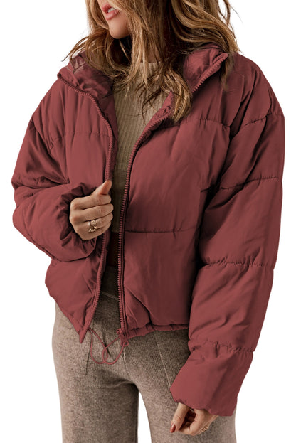 Red Zip Up Drawstring Puffer Coat****