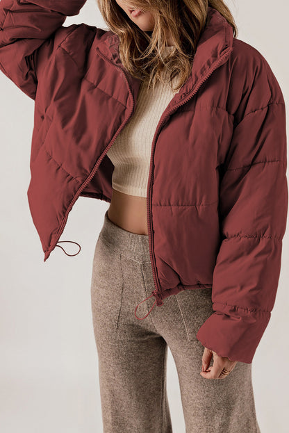 Red Zip Up Drawstring Puffer Coat****