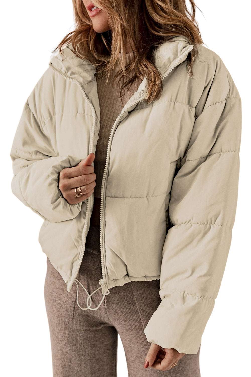 Apricot Zip Up Drawstring  Puffer Coat****