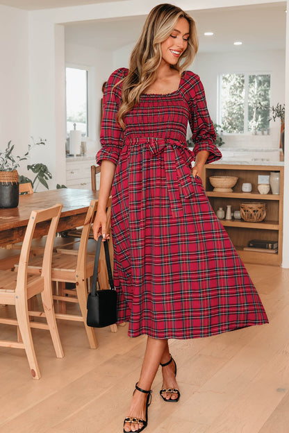 Holiday Red Tartan Plaid Midi Dress Dear-Lover Dropshipping