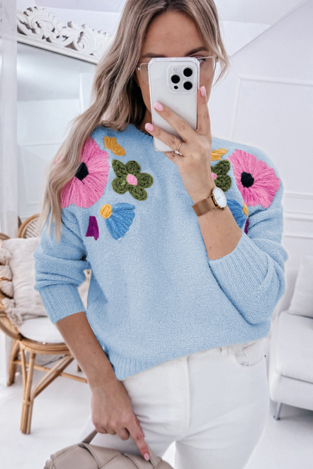Beige Knitted Flower Pattern Ribbed Edge Sweater - Greta Bean & Co.