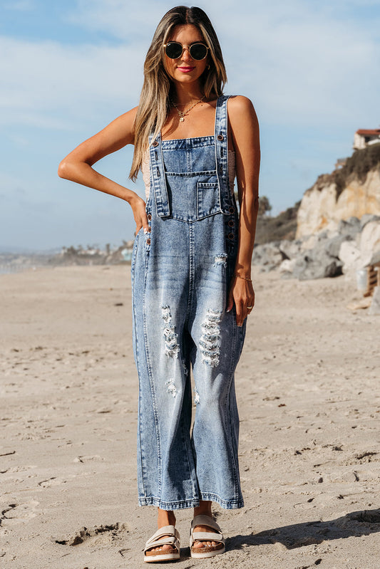 Stone Blue Distressed Bib Pocket Wide Leg Denim Overall Dear-Lover Dropshipping