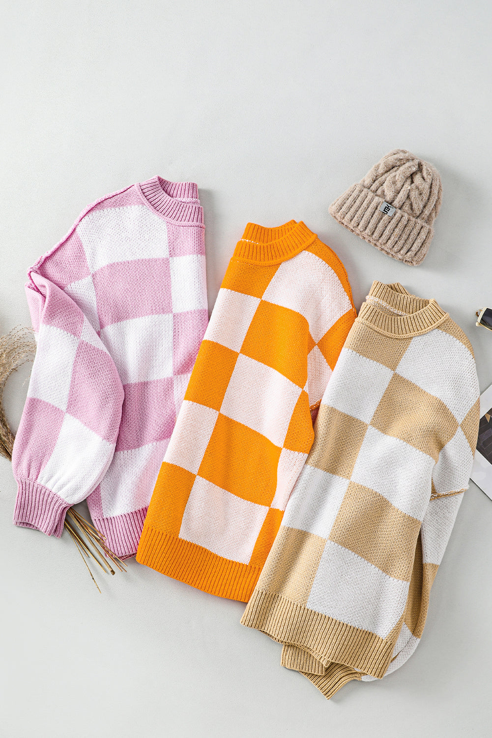 Pink Checked Bishop Sleeve Pullover Sweater