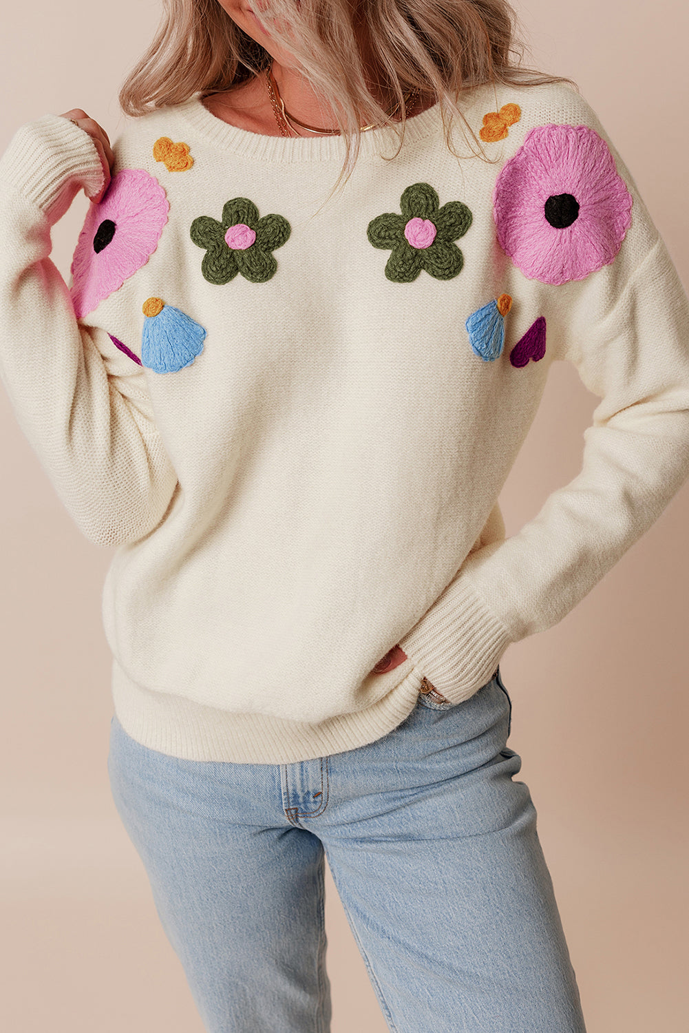 Beige Knitted Flower Pattern Ribbed Edge Sweater - Greta Bean & Co.