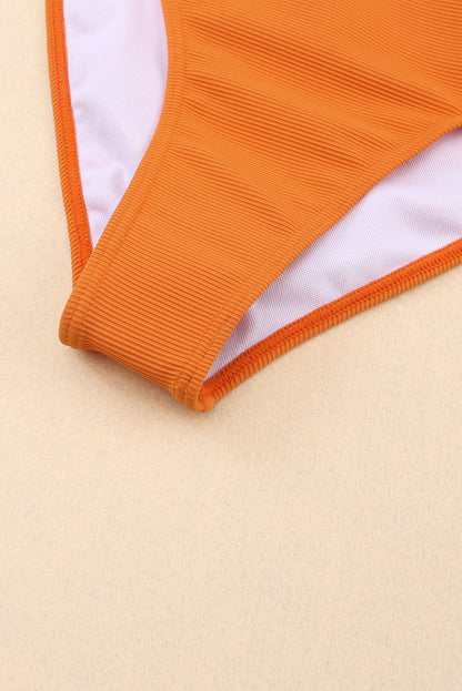 Orange Color Block Spaghetti Strap High Waist Two Piece Swimsuit