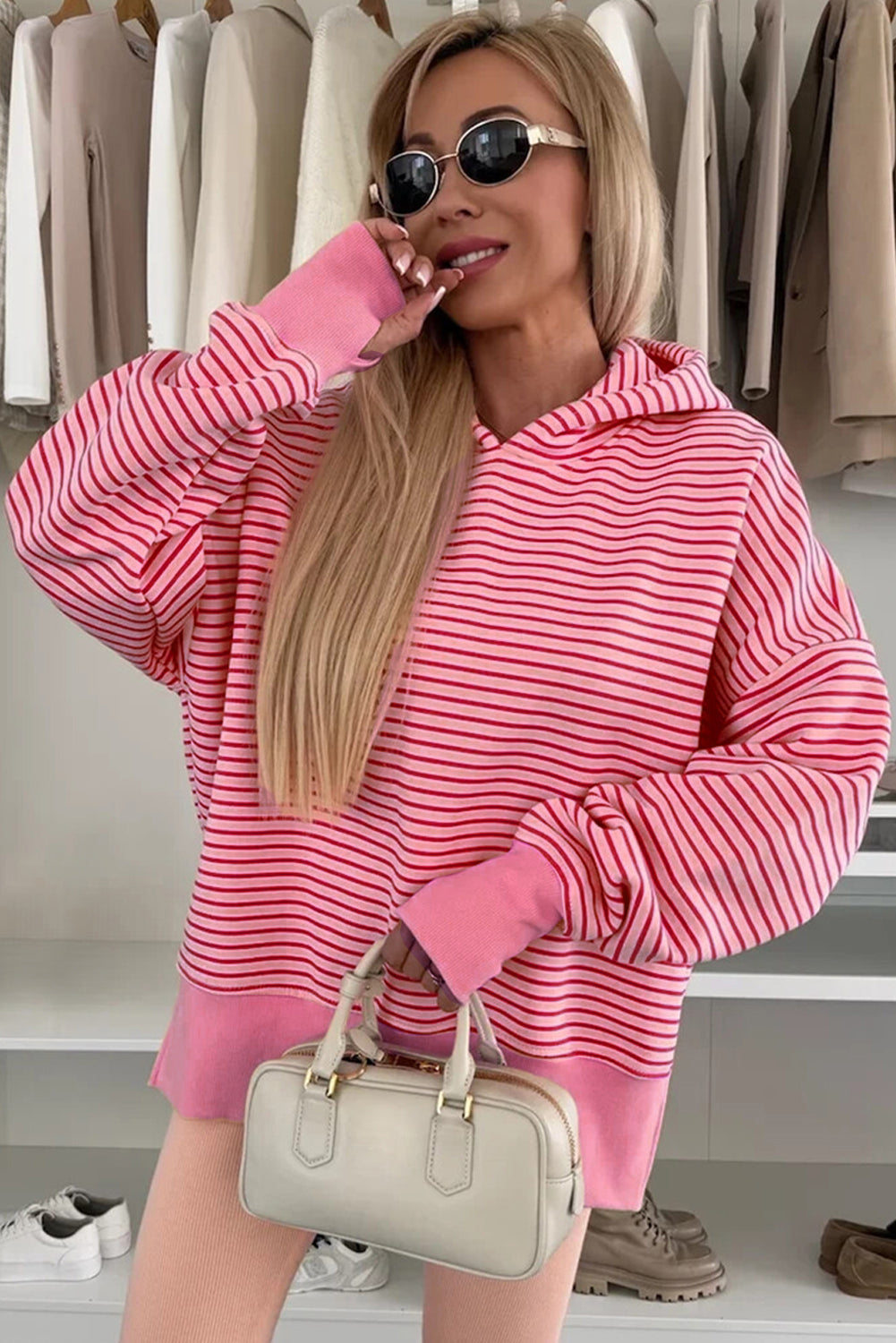 Rose Stripe Thumbhole Side Slits Drop Shoulder Loose Fit Hoodie Shewin