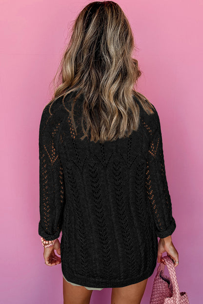 Black Solid Color Hollow Knit Open Front Cardigan