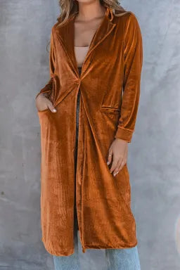 Rust Velvet Lapel Pocket Long Coat