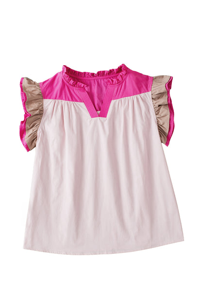 Pink Colorblock Ruffled Sleeve Frill V Neck Blouse