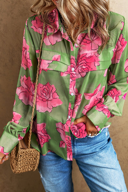 Green Floral Print Pleated Detail Puff Sleeve Shirt****