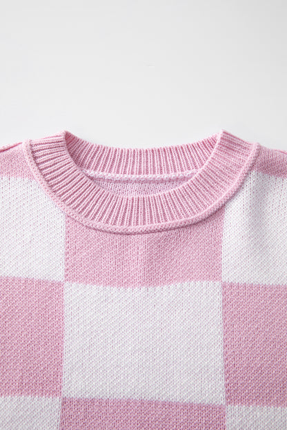 Pink Checked Bishop Sleeve Pullover Sweater