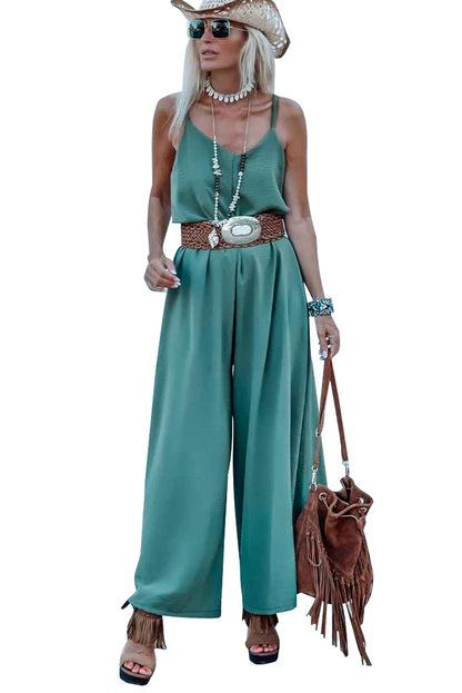 Green Spaghetti Straps Wide Leg Jumpsuit