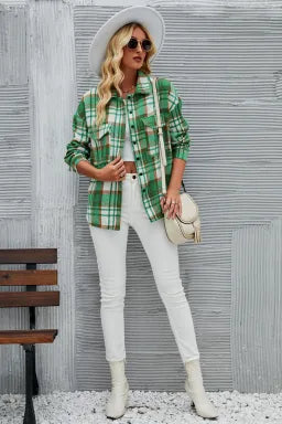 Kelly Green Plaid Button Up Shacket