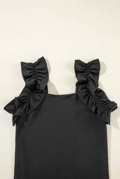 Black Solid Ruffle Trim Sleeveless Blouse