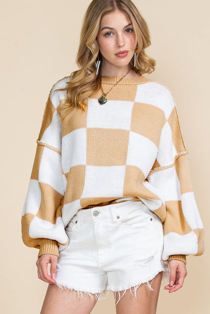 Khaki Plaid Bishop Sleeve Pullover Sweater